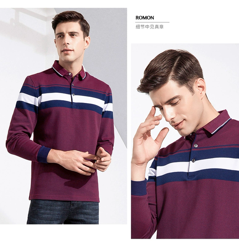 Romon / Romon trung niên áo polo dài tay nam mùa thu màu mới phù hợp với áo thun nam cổ áo giản dị t shirt
