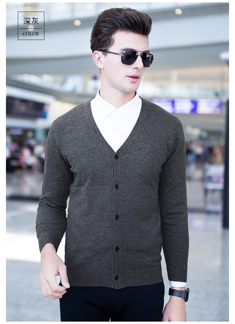 Áo len nam Romon / Luomen mùa xuân và mùa thu V-cổ trung niên áo len tinh khiết giản dị đan áo len cỡ lớn áo blazer nam