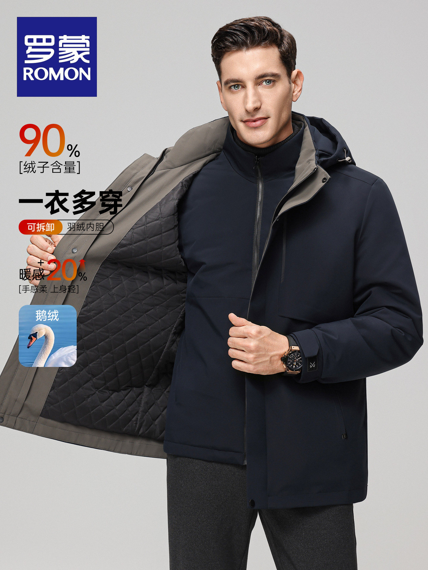 [One Jacket, Multiple Styles]Romon Men's Short down Jacket 2025 Winter New Style Detachable Hooded Goose down Coat
