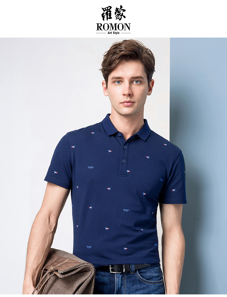 Romon Luo Meng trẻ và trung niên mỏng in POLO áo 2018 mùa hè mới ve áo giản dị ngắn tay T-Shirt nam