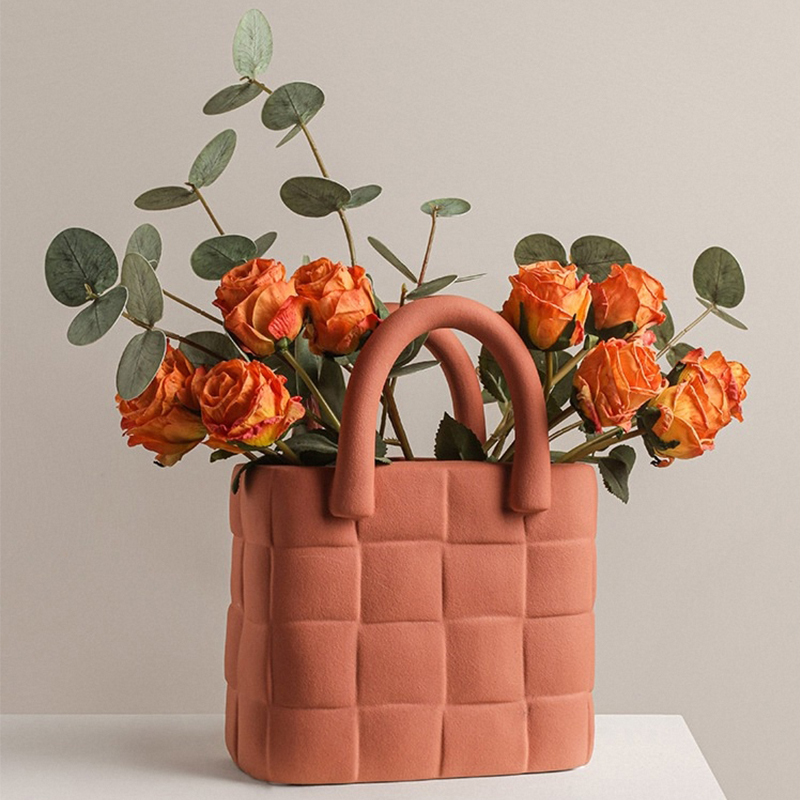 Creative Minimalist Bag-Shaped Vase, Ceramic Living Room Tabletop Flower Arrangement, Light Luxury Home Decor Ornament, Girly Decorative Vase