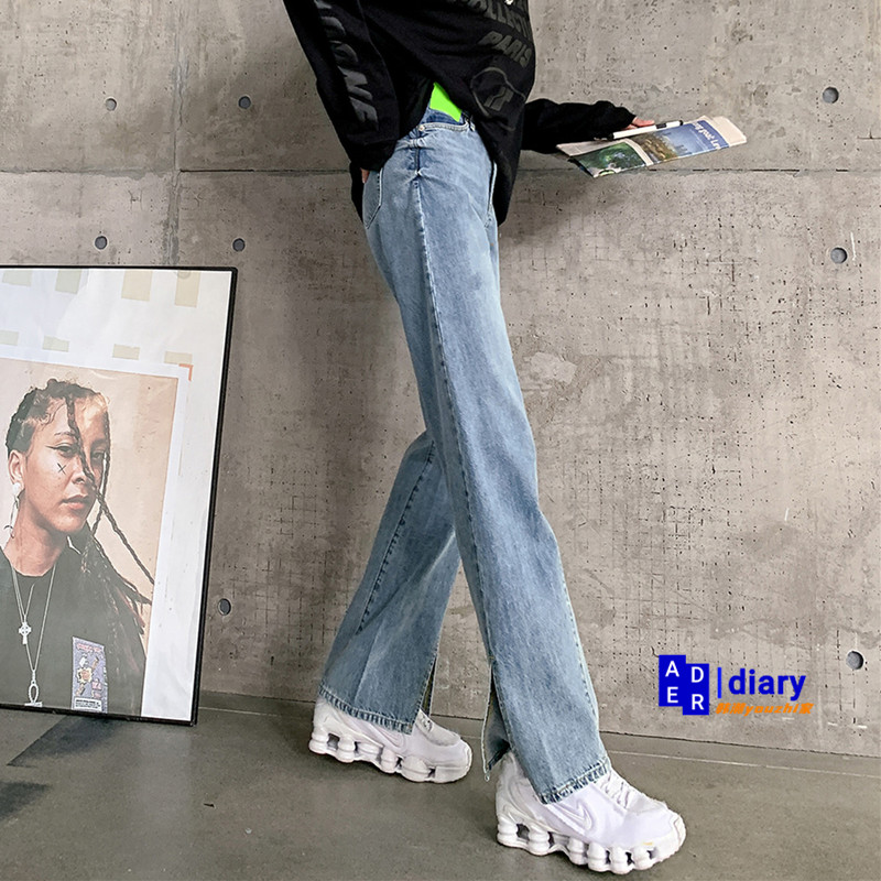 Tested ann fluorescent green label asymmetric flared jeans women's tide brand high-waisted wide-leg irregular split trousers