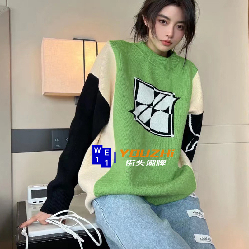 We11done color matching badge logo long-sleeved sweater welldone spring loose stitching sweater