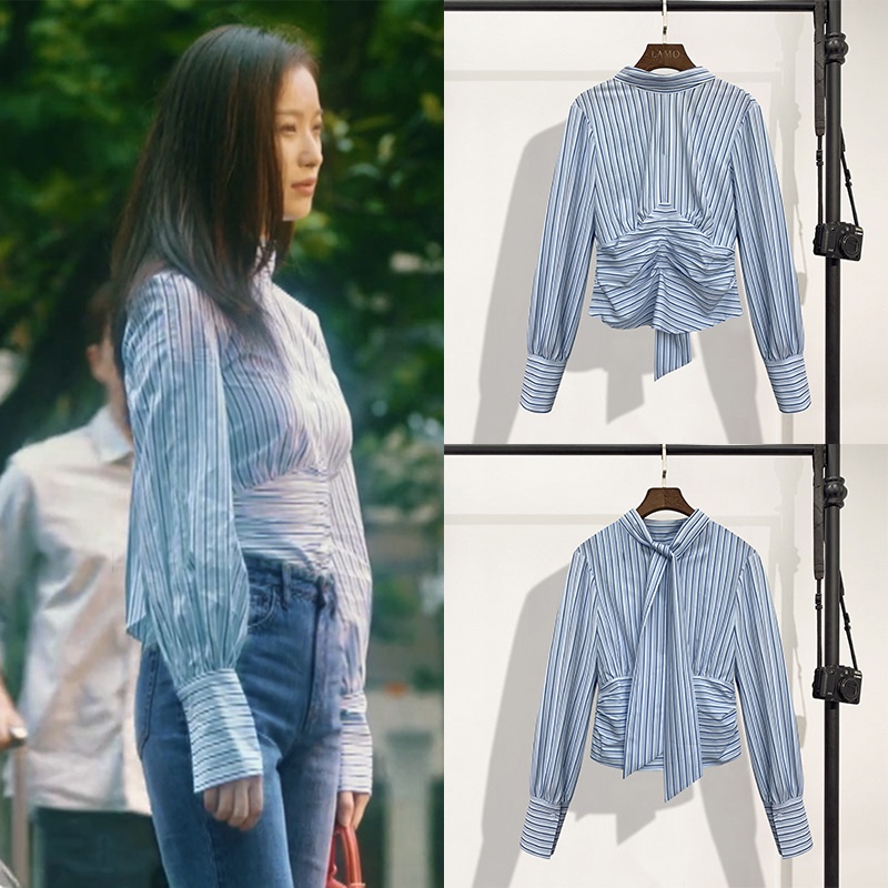 Nini Zhu's Same Style 2024 Spring New Blue Striped Stand-Up Collar Design Niche Shirt for Women