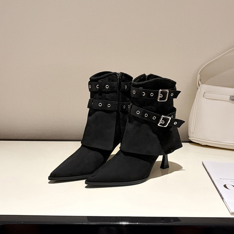 Height-Increasing 8cm High-Heeled Short Boots 2026 Autumn and Winter New Retro Pointed-Toe Western Denim Stiletto Heel Belt Buckle Trouser Boots Height-Increasing 8cm High-Heeled Short Boots 2026 Autumn and Winter New Retro Pointed-Toe Western Denim Stiletto Heel Belt Buckle Trouser Boots