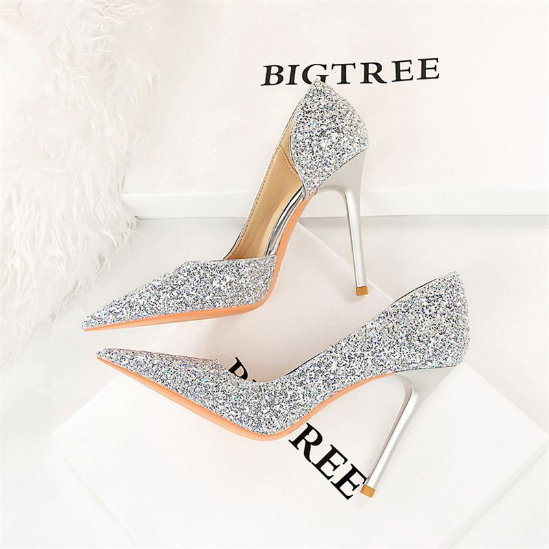 New Silver High Heels with Unique Design, Stunning Stiletto Heels, Shallow Pointed Toe, Side Cut-Out, Crystal Girl's Shoes, Large Size