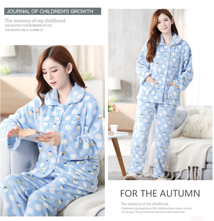 Flannel phụ nữ đồ ngủ dày nữ mùa thu và mùa đông phim hoạt hình dễ thương san hô nhung đồ ngủ phù hợp với dịch vụ nhà XL đồ mặc nhà cao cấp