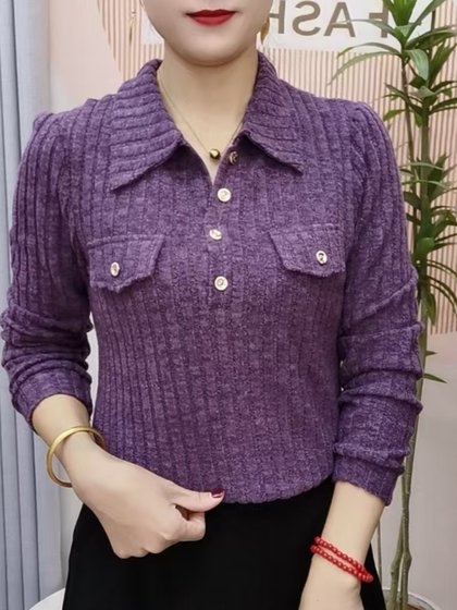 春秋新款时尚长袖衬衫女气质大码显瘦polo领百搭纯色衬衣外套上衣