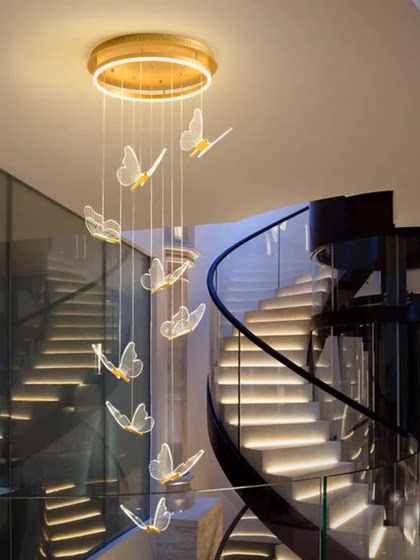 Nordic Lighting Fixtures for Duplex Buildings, Large Dining Rooms, Led Living Room Stair Chandeliers, Light Luxury Creative Internet-Famous Butterfly Art Chandeliers