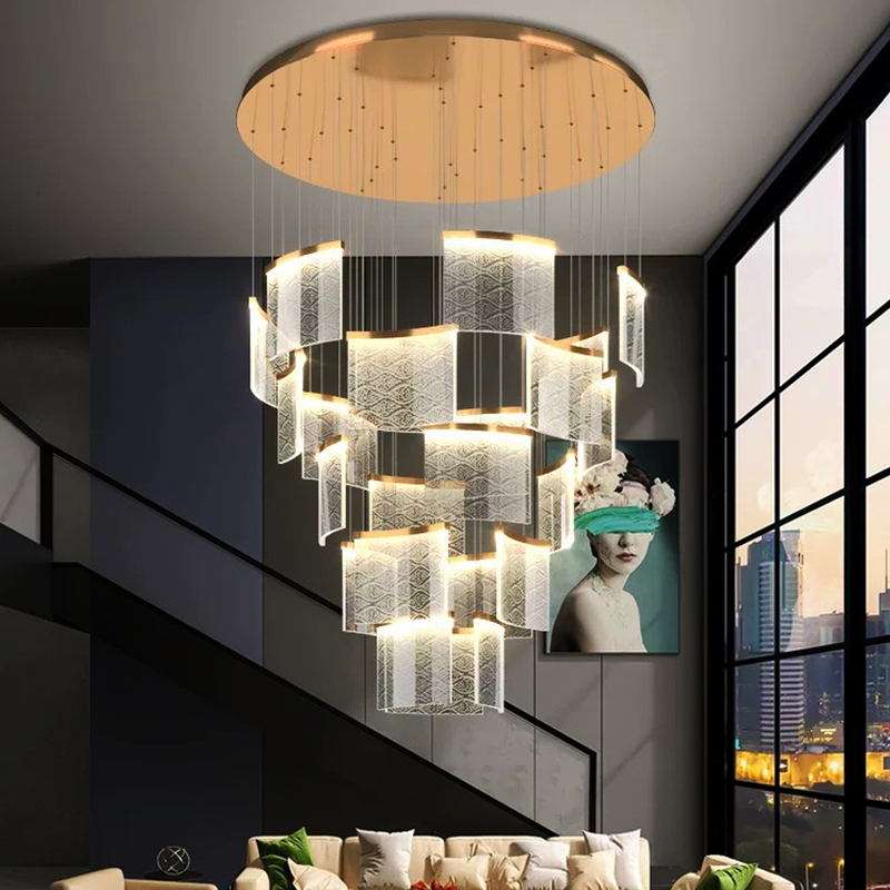 Chandelier for Duplex Villa, Long Chandelier for Stairwell, Rotating Suspended Light, Light Luxury Cloud Pattern Lamp, Artistic High-End Large Living Room Lamp