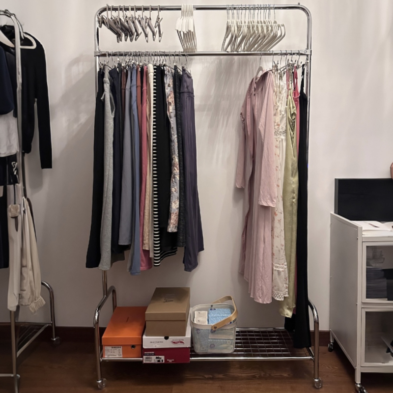 Double-Layer Adjustable Height Floor-Standing Carbon Steel Household Bedroom Clothes and Hat Rack, Bright Silver, Thickened and Upgraded Double-Layer Adjustable Height Floor-Standing Carbon Steel Household Bedroom Clothes and Hat Rack, Bright Silver, Thickened and Upgraded
