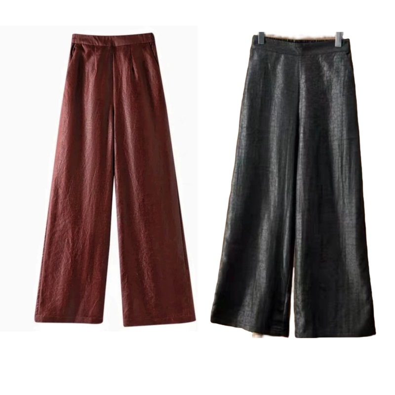 100% Mulberry Silk Crackle Pattern Straight-Leg Pants, Vintage Leather Material, Semi-Elastic Waist Straight-Leg Pants 100% Mulberry Silk Crackle Pattern Straight-Leg Pants, Vintage Leather Material, Semi-Elastic Waist Straight-Leg Pants