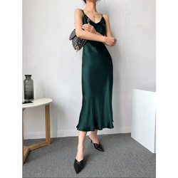 KAEFELY/ Japan imported triacetate satin dress acetate dress long skirt V-neck acetate suspender skirt