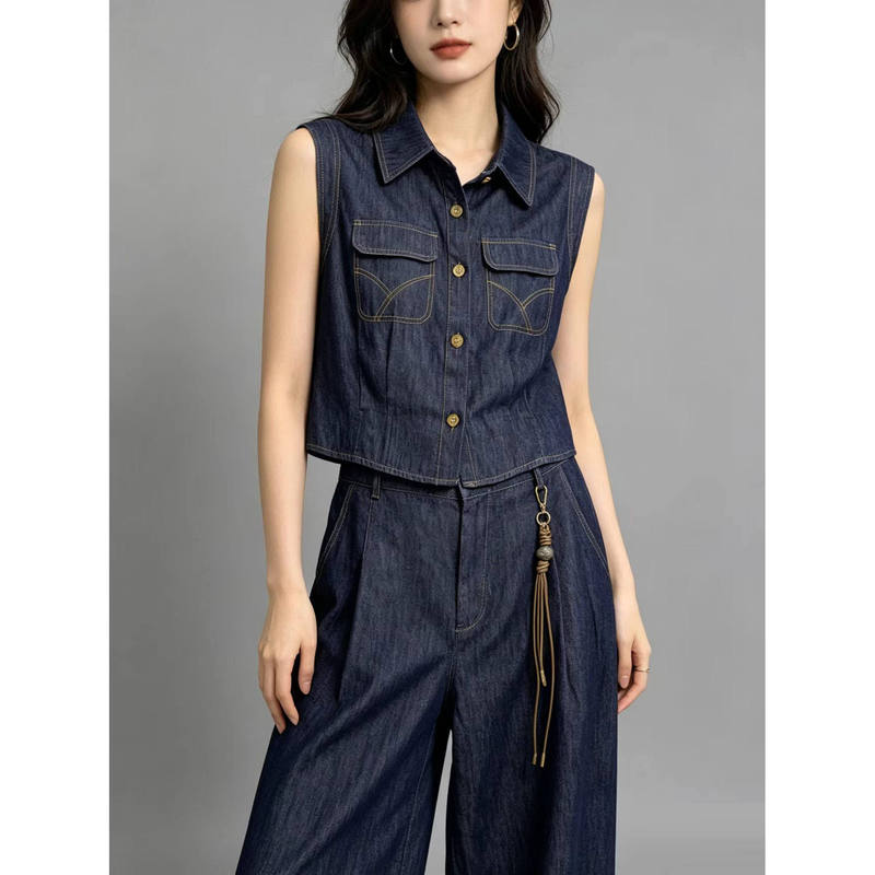 European Station 2026 Summer New Vintage Denim Vest Wide-Leg Pants Set Women's High-Waisted Slimming Casual Two-Piece Set European Station 2026 Summer New Vintage Denim Vest Wide-Leg Pants Set Women's High-Waisted Slimming Casual Two-Piece Set
