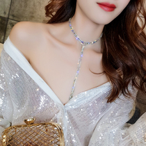 European and American exaggerated AB flash diamond long tassel clavicle chain temperament necklace Neck jewelry Korean short money chain female