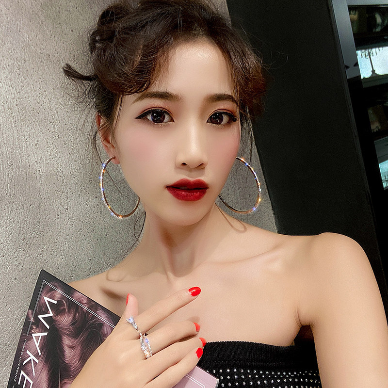 Stylish sexy water diamond ring earrings Korean European and American net red temperament personality exaggerated large circle earrings women