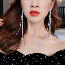 925 silver needle super flash rhinestone long tassel line earrings European and American personality stud earrings sexy net red drop earrings womens tide