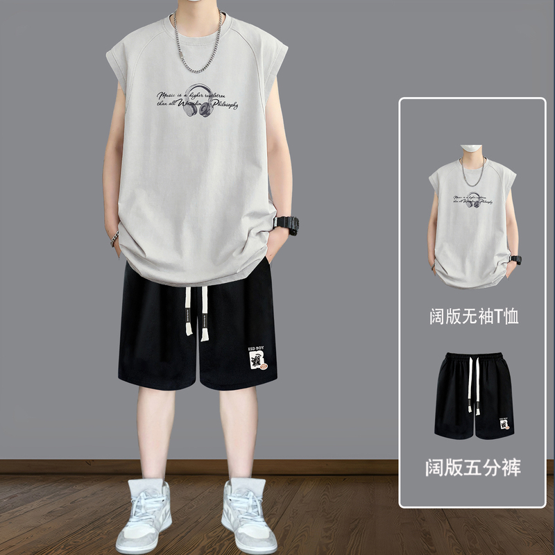 Summer Sleeveless T-Shirt Vest Set for Boys, Thin Shorts, Casual Sportswear Set for Teenagers, High School and Junior High School Students