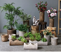Pastoral solid wood flowerpot Green Planter fleshy potted wooden flower arrangement vase flower art bonsai home decoration