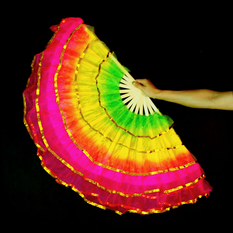 Crystal yarn dance fan Dancing Fan square dance Transplanting Song Bifacial Bamboo Fan Bone Left Right Hand Pair of fan Gradual Layer Yarn Fan