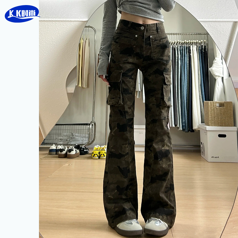 American Retro Camouflage Flared Cargo Pants for Women 2026 New Style Multi-Pocket Design High Street Slimming Bell-Bottom Pants