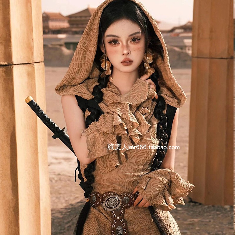 Retro Dune Wasteland Style Dress, Northwest Desert Long Dress, Egyptian Gansu Travel Vacation Dress, Photo Shoot Clothing Retro Dune Wasteland Style Dress, Northwest Desert Long Dress, Egyptian Gansu Travel Vacation Dress, Photo Shoot Clothing