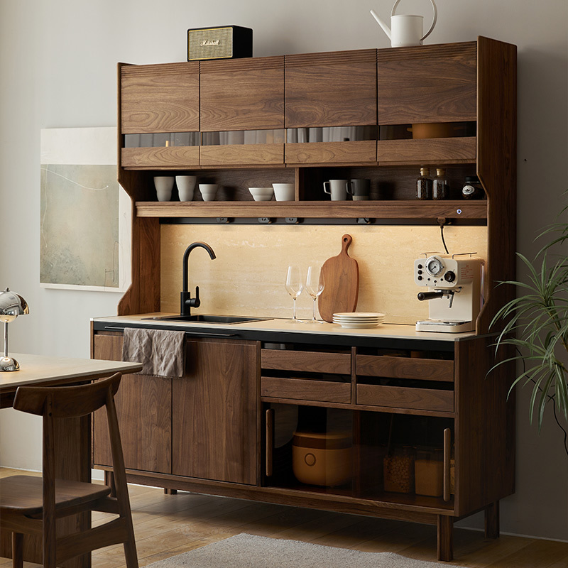 Black Walnut Sideboard Solid Wood Slate Sink Cabinet Nordic Coffee Integrated Wall-Mounted High Wine Cabinet Storage Cabinet