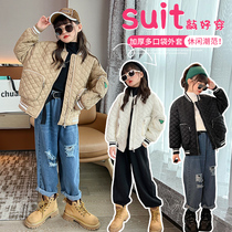 Childrens cotton-padded clothes 2022 autumn and winter boys and girls plus cotton padded thick diamond-shaped grid big childrens jacket cotton clothes pocket cotton-padded jacket tide