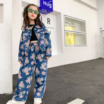 Girls denim wide-leg pants suit spring and autumn big childrens loose western-style flower jacket trousers catwalk two-piece trendy