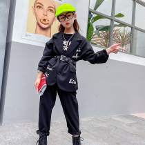 Girl catwalk suit suit 2021 spring and autumn Hepburn style retro dark suit children British handsome two-piece set