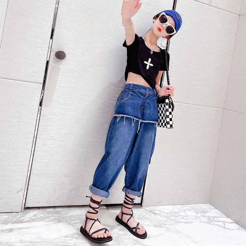 Child Clothing Fried Street Jeans Suit 2022 New Child loose Old Daddy pants CUHK Scout red short sleeves Two sets