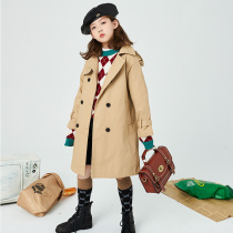 Girls windbreaker coat long Korean version of fashionable middle child British style coat childrens foreign style belt tide childrens clothing