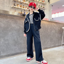 Childrens fleece suit 2022 autumn and winter boys and girls thickened foreign style solid color fashion long-sleeved trendy childrens two-piece suit