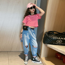 Girl Summer Suit Foreign Air Striped Short Sleeve Breaking Cave Jeans Big Boy Fried Street Casual Thin two sets of damp