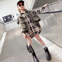 Girl Net red suit 2021 spring Middle and Big Boy Korean version of foreign color plaid shirt tooling horse casual armor two-piece set