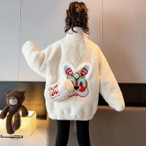 Girls New Years wool sweater 2022 winter plus velvet thickened imitation fur coat middle and big childrens cartoon cotton padded jacket trendy