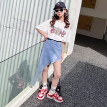 Girl Suit Trendy Irregular Denim Skirt Girl Han Fan Short Sleeve 2022 New CUHK Child Summer Two Sets