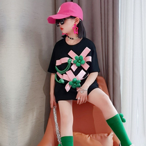 Girl Fried Street Short Sleeve T-shirt 2022 New Children Summer Long jacket Girl Cubs Black Trend t