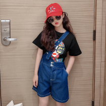 Girls Summer Suit Foreign Air 2022 New Children Short Sleeve Single Strap Shorts Shorts Big Tide Child Trendy Two Sets