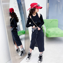 Girl Denim Skirt Suit 2022 Spring Autumn Style Ocean Girl Design Sensation Fork Skirt Tide Children Walk Show Two Sets
