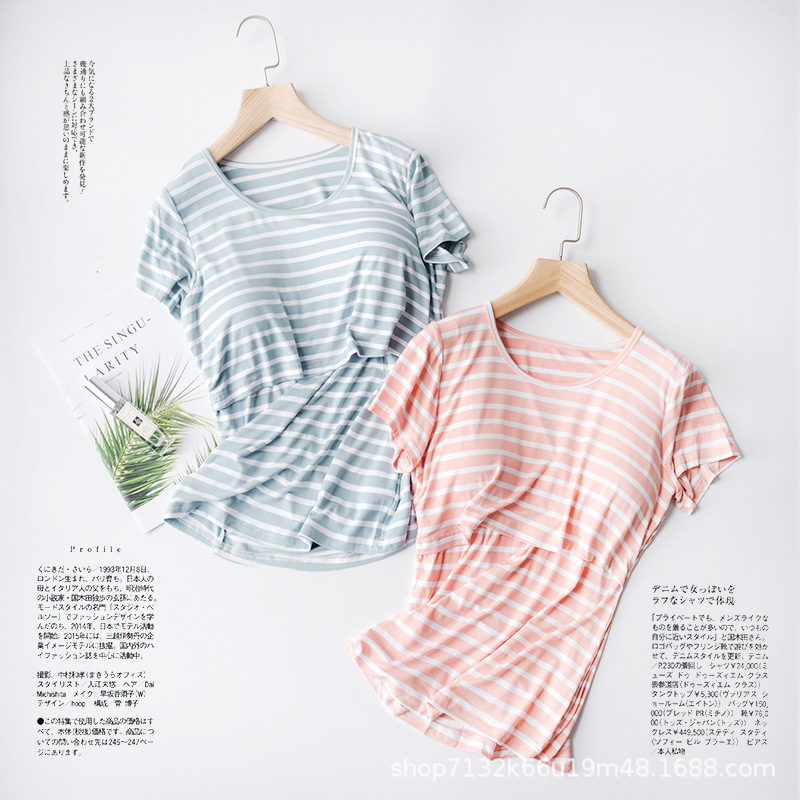 Summer breastfeeding blouses outside pure cotton suction perspiration postpartum pregnant woman short sleeve T-shirt half sleeve nursing summer dress with chest cushion cover