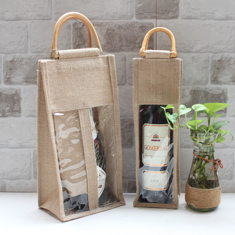 Universal red wine linen bag Rattan handle handbag Single double pack environmental protection shopping gift bag Front hemp bag