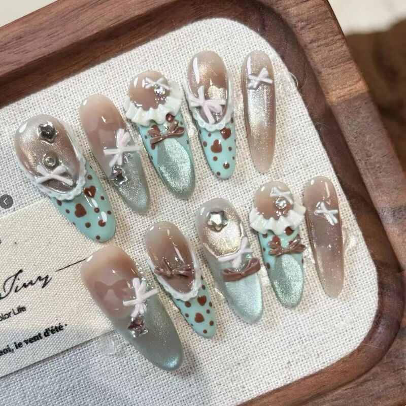 M287 Full Sugar Thin and Delicate Sea Salt French Gradient Leopard Print Skirt Edge Press-On Nails, Brightening and High-End, Versatile for Early Autumn Nail Art