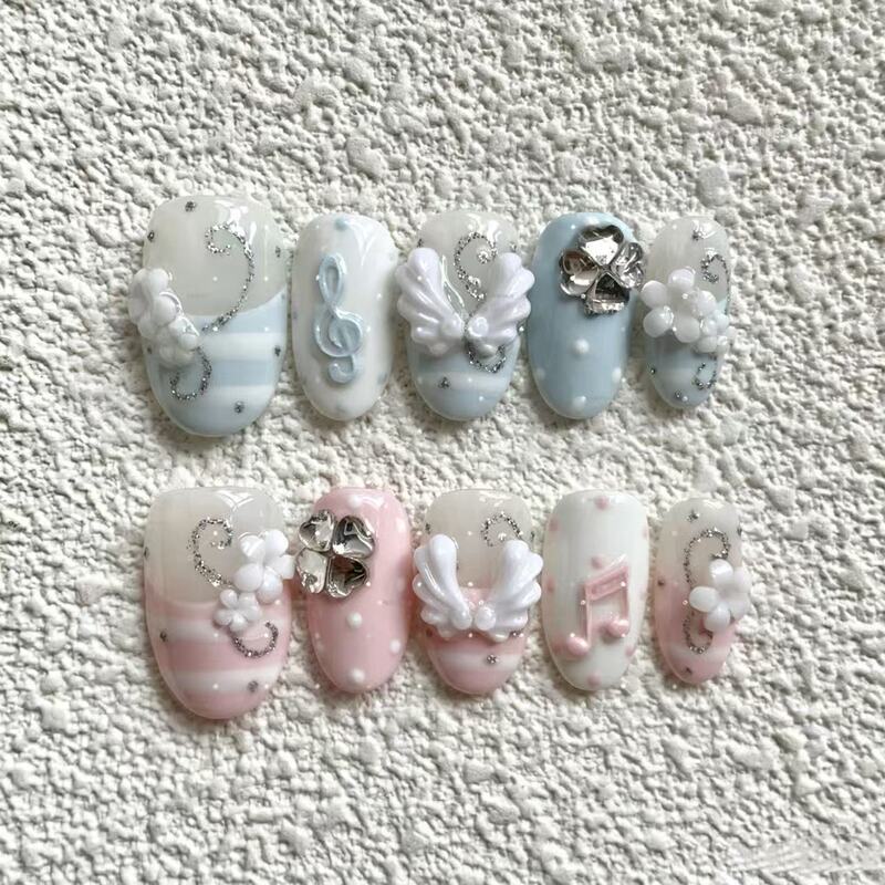 Gentle Mint Fresh Musical Notes Vintage Three-Dimensional Polka Dot French Style Wearable Nail Art High-End Brightening Detachable