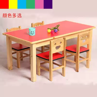 Kindergarten fireproof board wooden tables and chairs Children's dining tables Handmade tables Tutoring classes Art room Six-person exquisite wooden tables and chairs