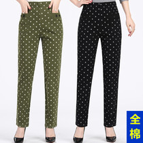 Middle-aged and elderly womens pants elastic waist mother clothing spring and autumn cotton casual pants high waist elastic dot printing straight trousers