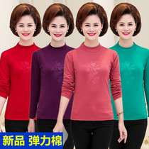 Middle-aged womens cotton semi-high neck long sleeve T-shirt autumn mother dress loose T-shirt top middle-aged womens base shirt