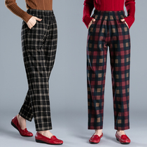 Spring and autumn loose cotton pants mothers plaid casual pants middle-aged and elderly womens cotton trousers high waist large size
