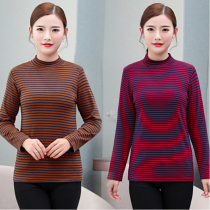 Middle-aged striped undershirt female spring long sleeve T-shirt middle-aged and elderly womens mother clothing cotton semi-turtleneck T-shirt