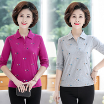 Middle-aged and elderly womens autumn clothes long-sleeved collared t-shirt female 40-50 mother middle-aged top cotton lapel long-sleeved shirt